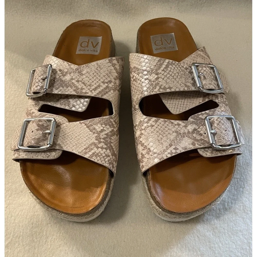 DV by Dolce Vita Carther Buckle Slip On Sandals Shoes Tan Snake Print Size 7.5